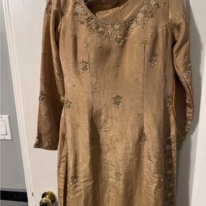 Elegant Women's Palazzo Pants Set in Gold - Classic Ethnic Embroidery